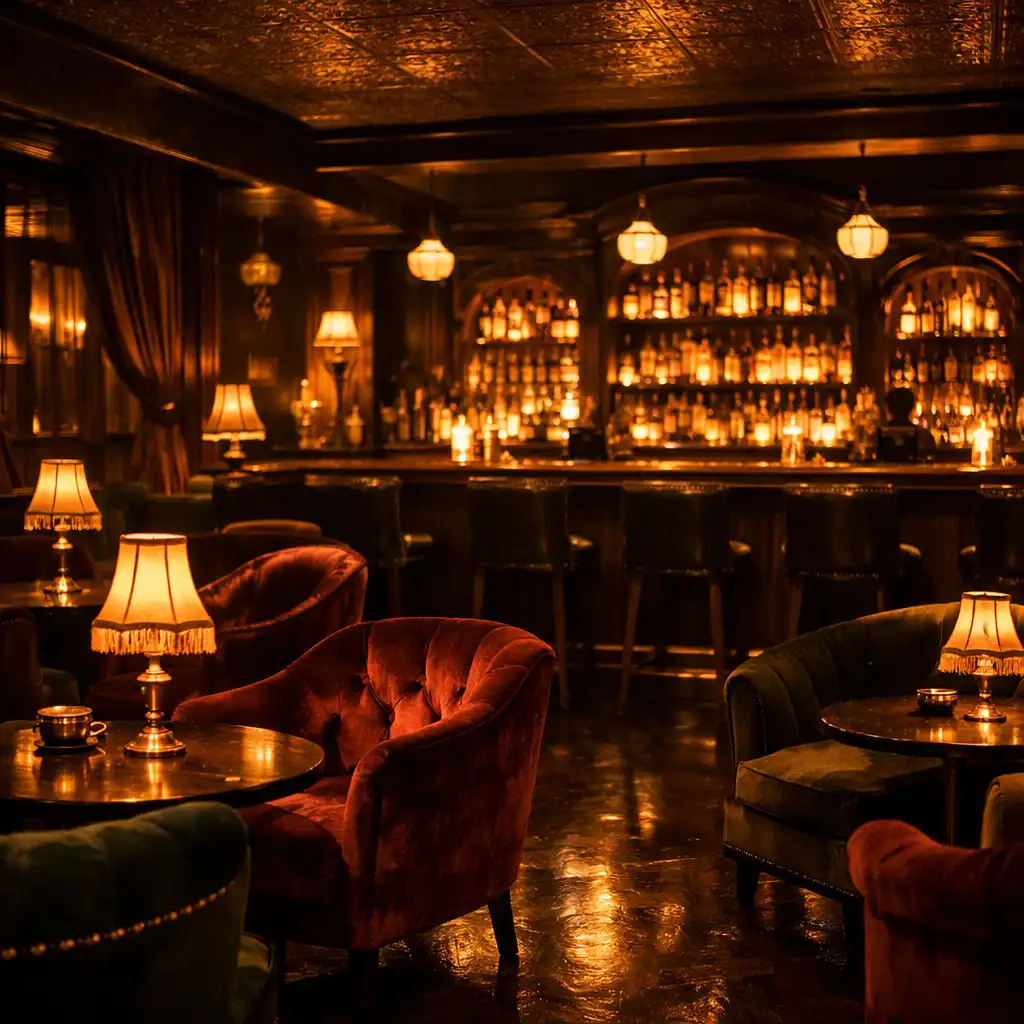 Intérieur d'un bar speakeasy clandestin avec fauteuils en velours, lampes tamisées et bar en bois sombre