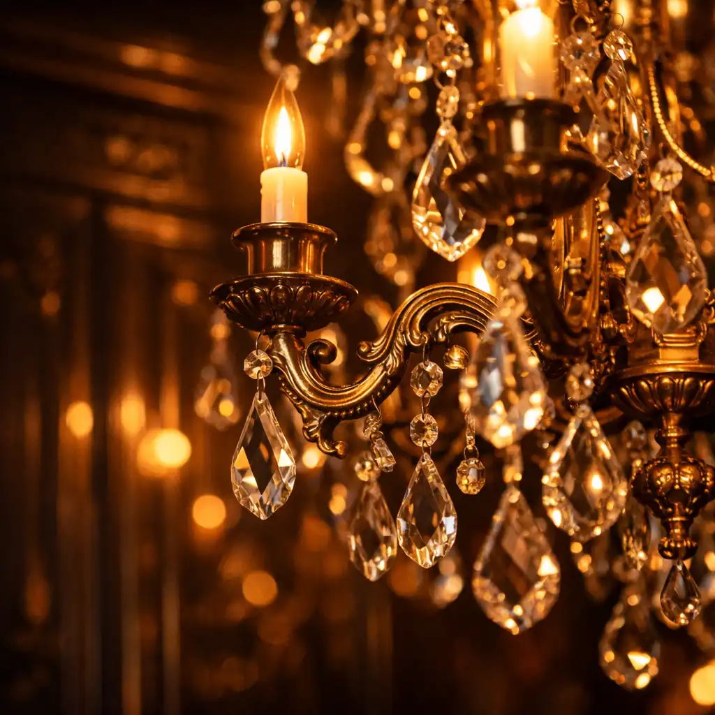Détail d'un lustre en cristal et laiton, lumière chaude diffusée, ambiance de speakeasy luxueux