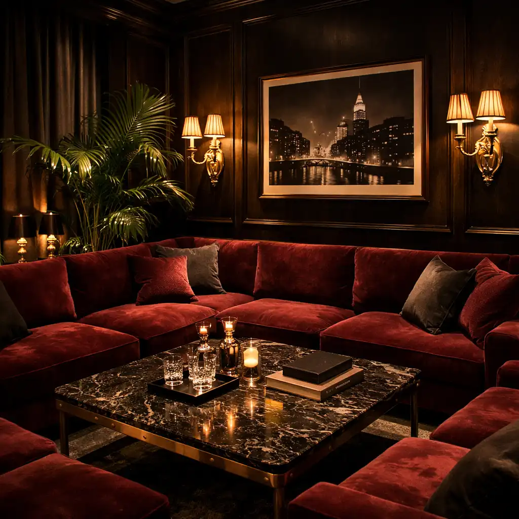 Coin salon d'un club privé avec canapés en velours bordeaux, table basse en marbre et appliques murales dorées