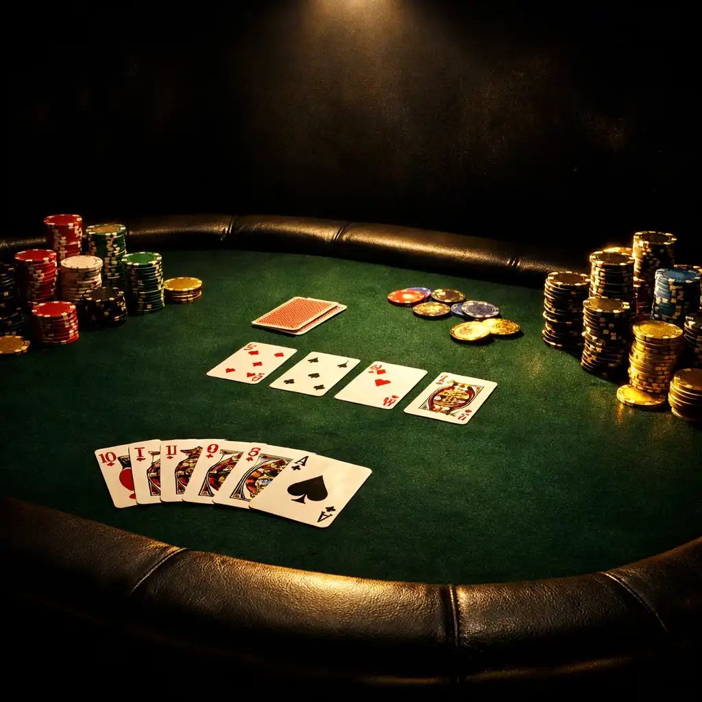 Table de poker ovale en feutre vert foncé avec jetons empilés et cartes à jouer, éclairage dramatique