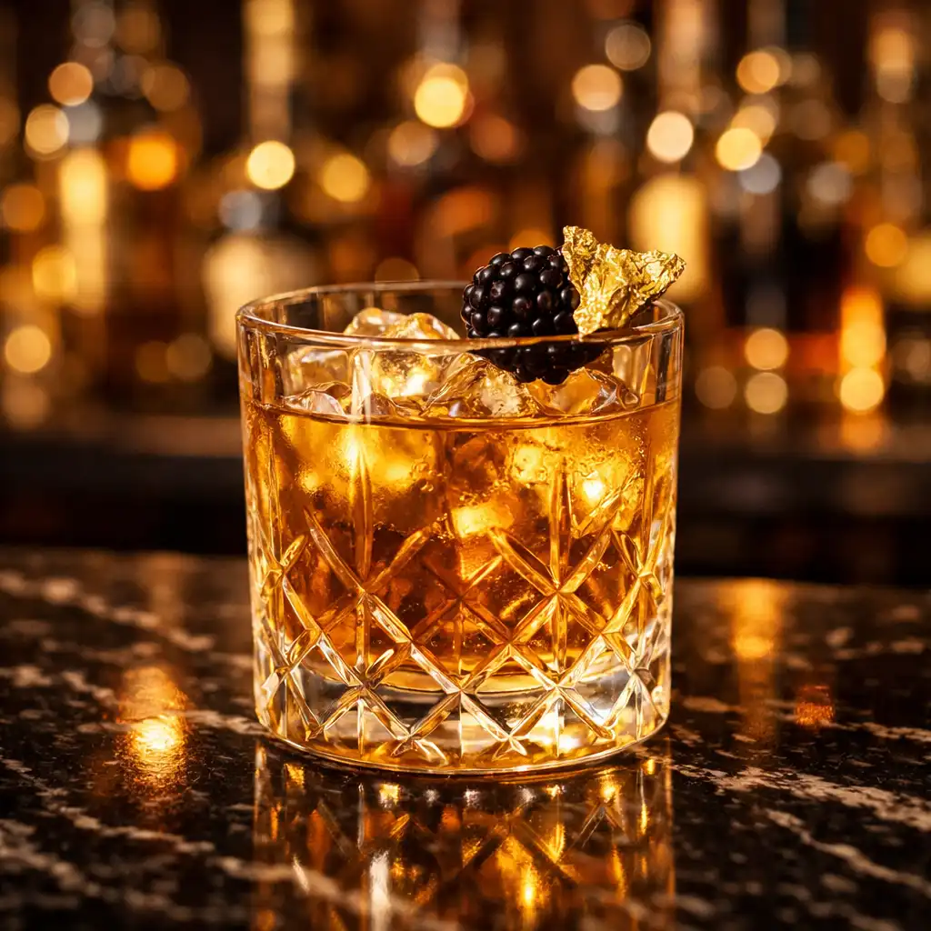 Cocktail doré dans un verre en cristal sur un comptoir de bar en marbre noir