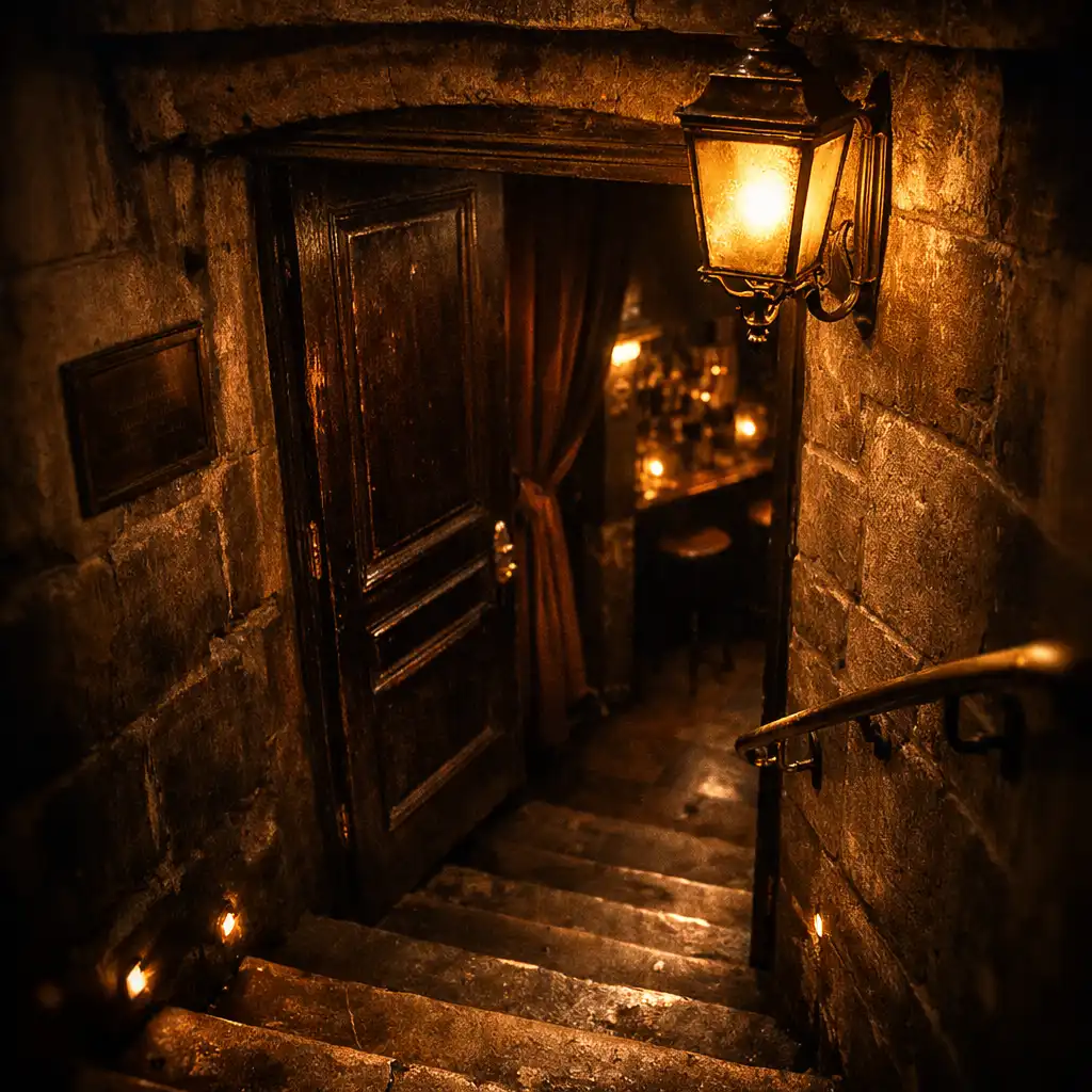 Entrée discrète de style speakeasy avec lanterne dorée et escalier descendant vers le salon