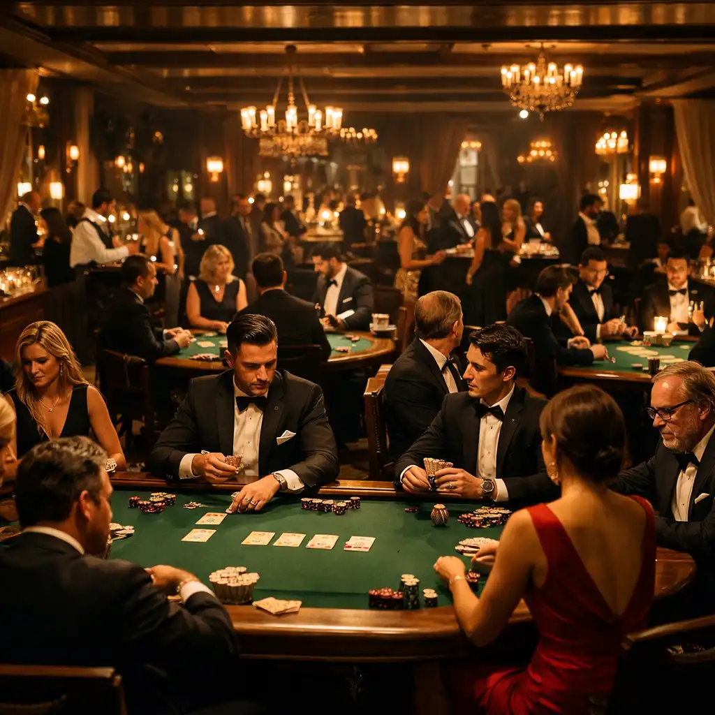 Vue panoramique d'une salle de réception pendant une soirée, plusieurs tables de poker occupées, invités élégants, éclairage chaleureux