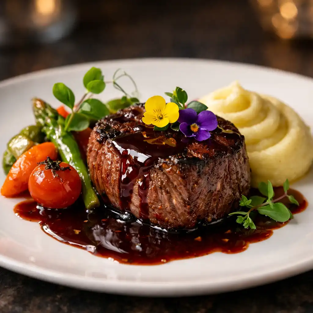 Plat gastronomique français raffiné avec filet de bœuf, sauce au vin rouge et légumes de saison