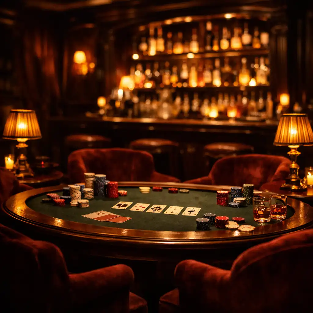 Salon privé luxueux avec table de poker, fauteuils en velours et bar rétroéclairé