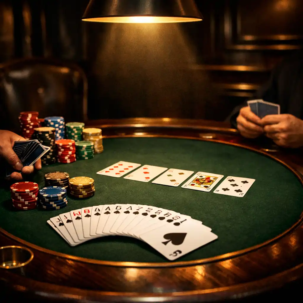 Table de poker élégante avec cartes en éventail, jetons empilés et éclairage tamisé