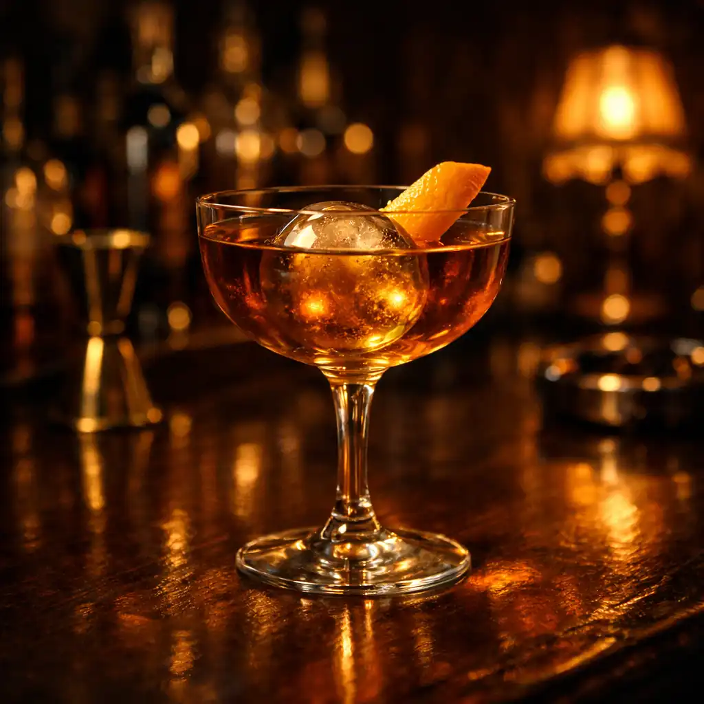 Cocktail signature dans un verre à pied, liquide ambré avec glaçon sphérique et zeste d'orange