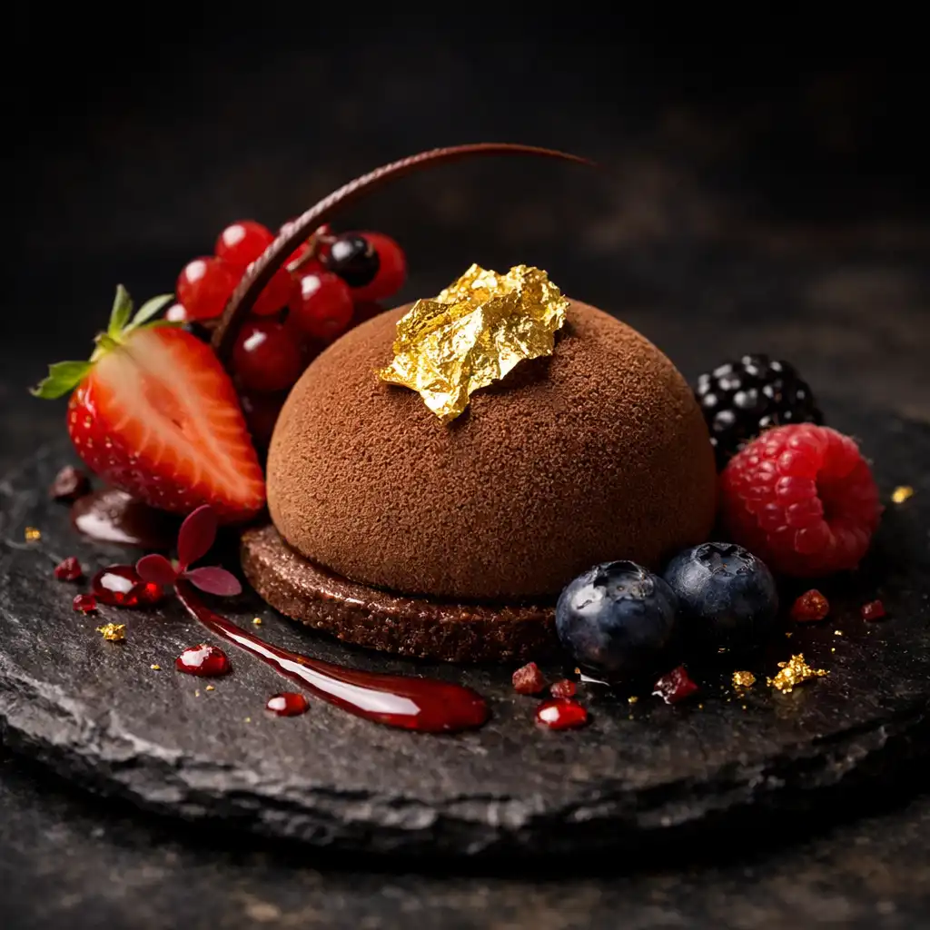 Dessert raffiné avec feuille d'or, mousse au chocolat et fruits rouges, présentation artistique