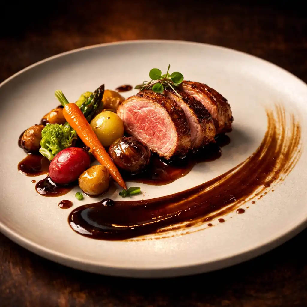 Assiette gastronomique dressée avec précision, viande rôtie et légumes glacés, sauce artistiquement étalée