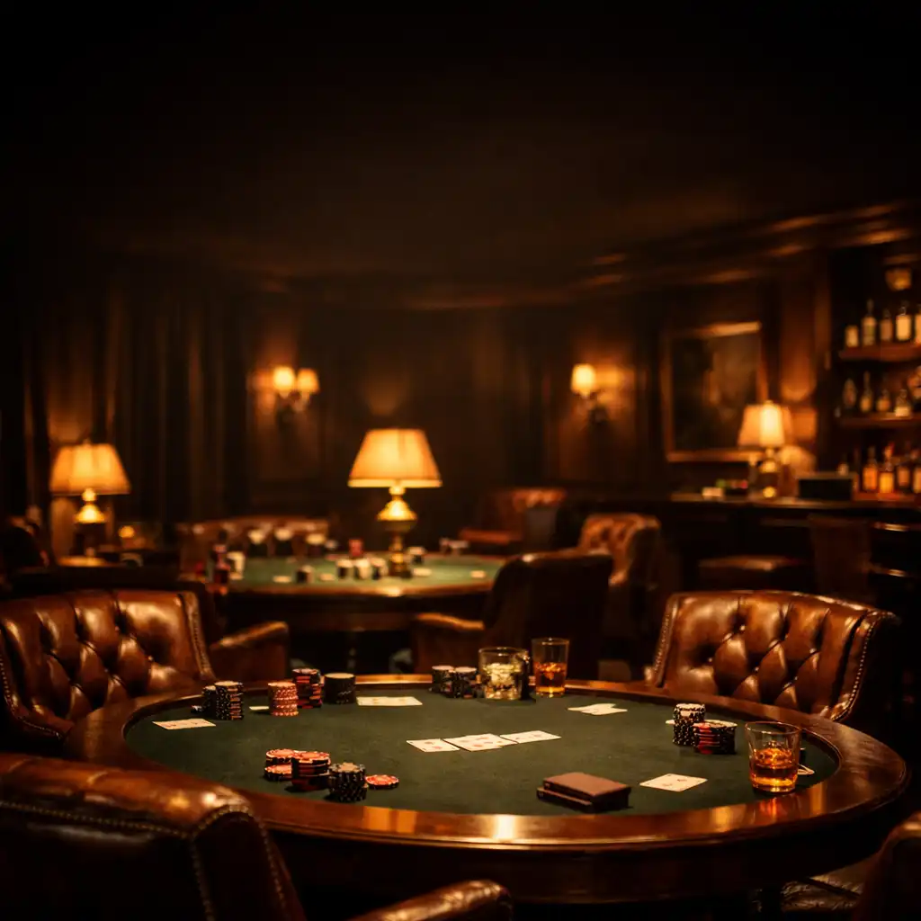 Vue d'ensemble d'un salon privé luxueux, faiblement éclairé, avec des tables de poker en bois sombre et des fauteuils en cuir