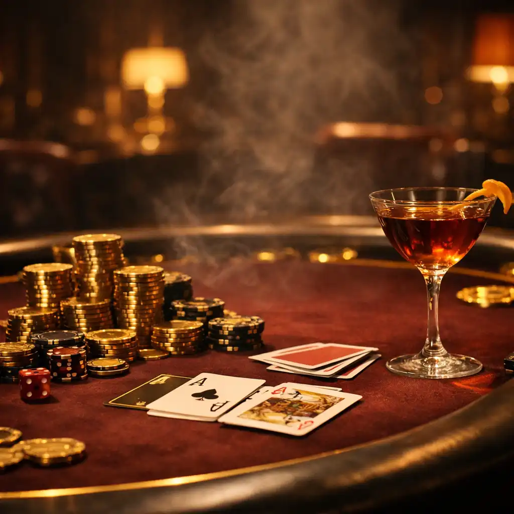 Table de poker luxueuse avec jetons dorés, cartes et cocktail élégant dans un club privé sombre
