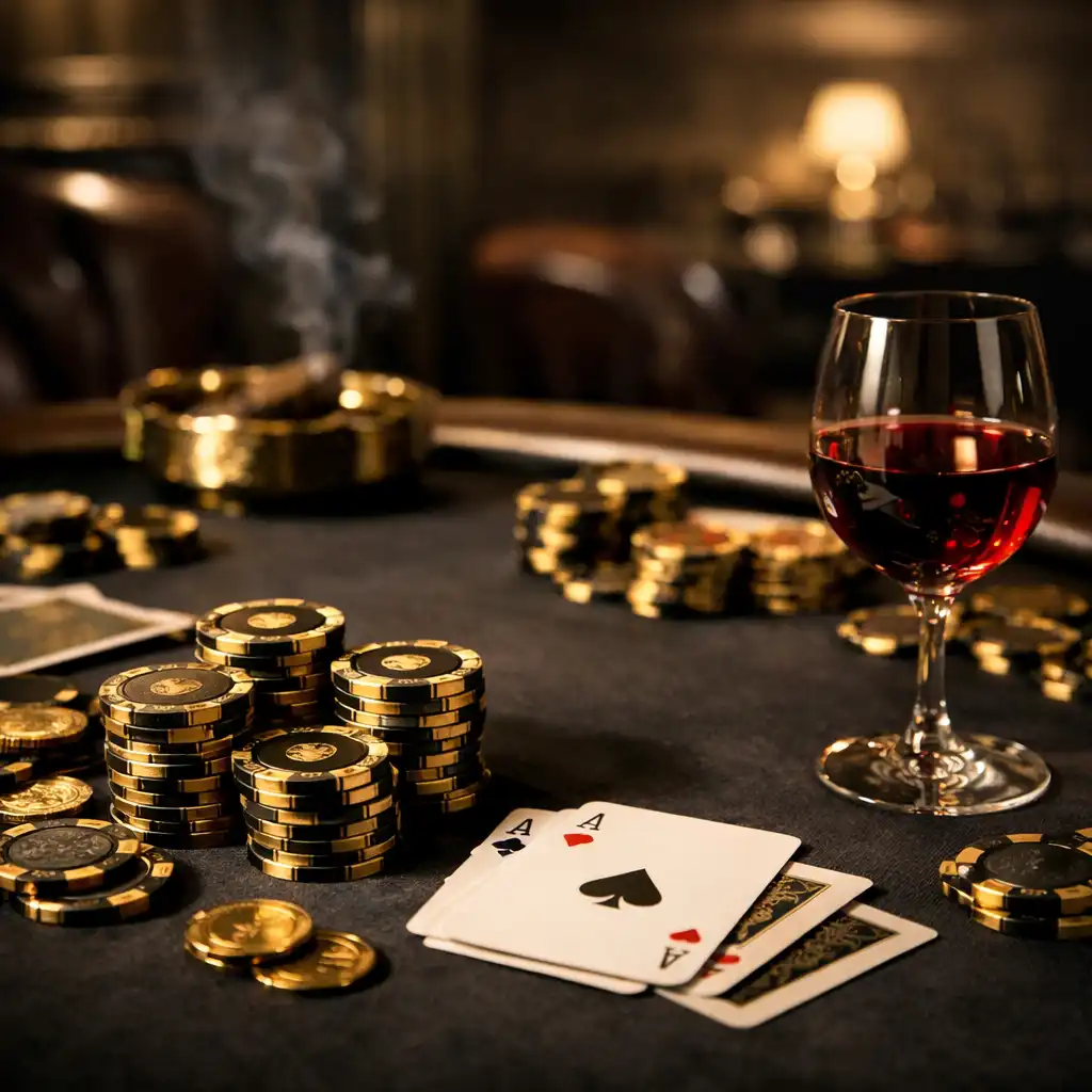 Table de poker élégante avec jetons dorés, cartes et verre de vin rouge dans un salon privé sombre