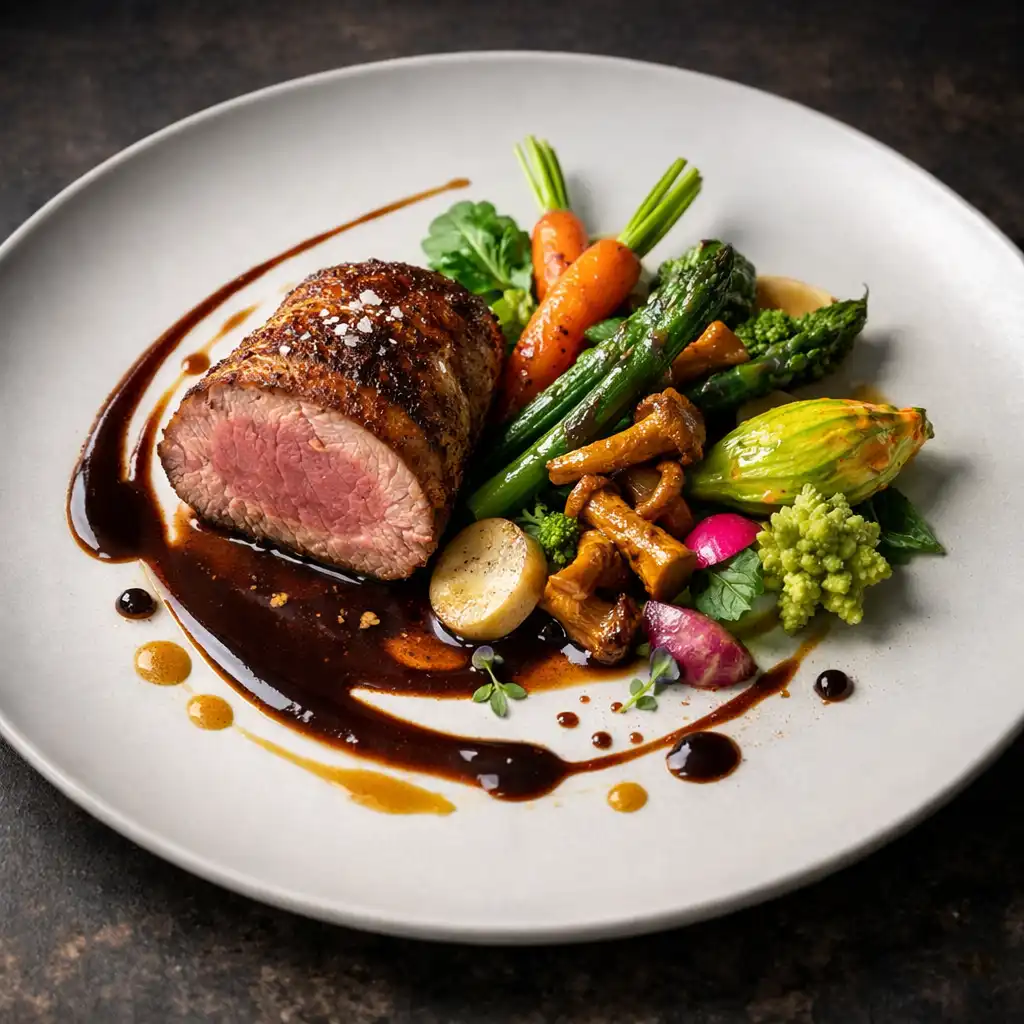 Assiette gastronomique raffinée avec viande rôtie, légumes de saison et sauce artistiquement dressée