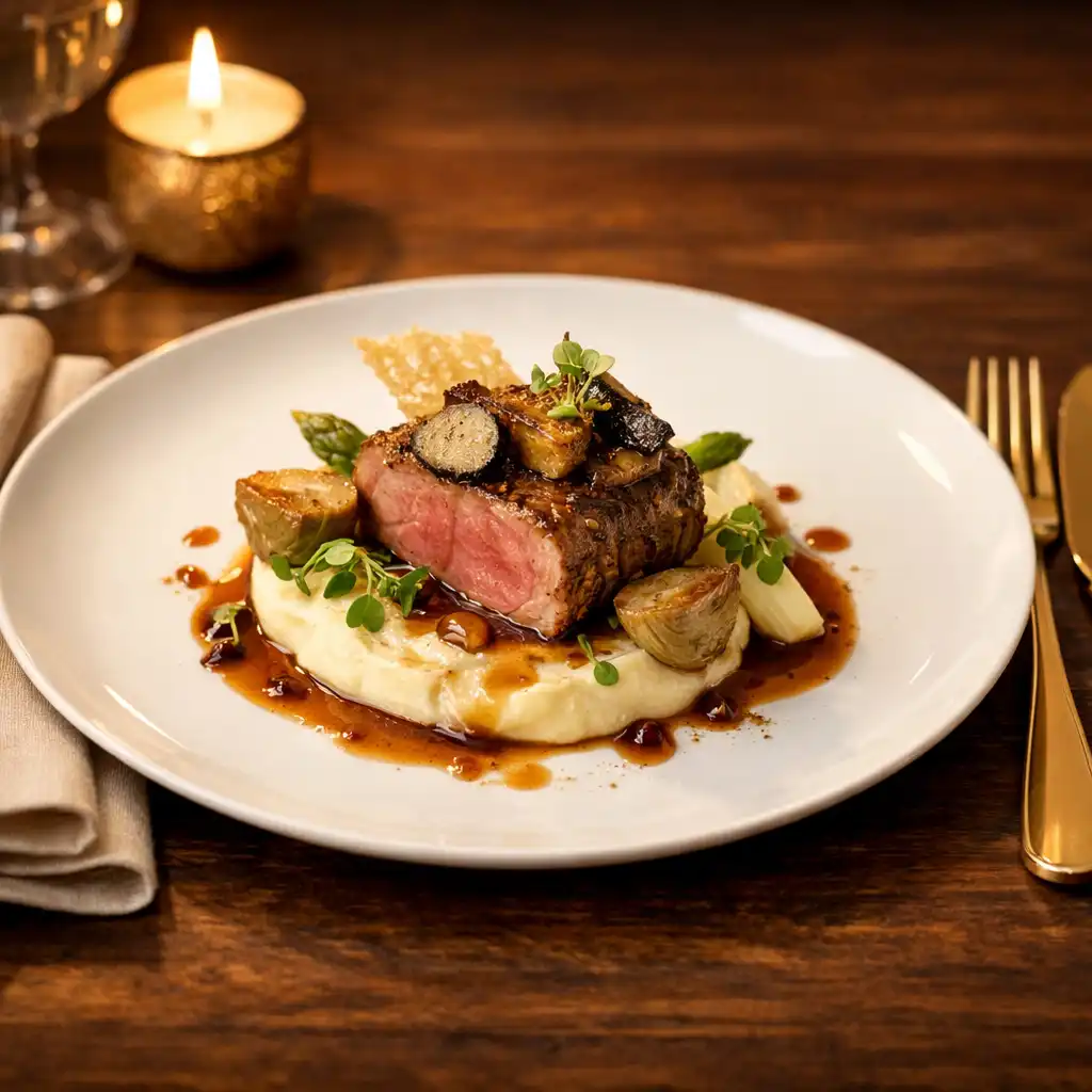Plat gastronomique dressé avec élégance sur une table sombre avec couverts dorés