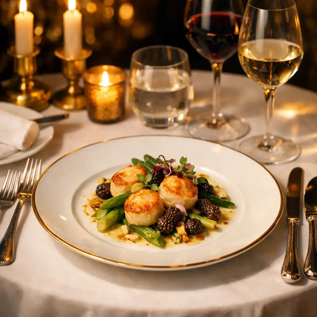 Table de restaurant gastronomique dressée avec élégance, nappe blanche, vaisselle en porcelaine fine et couverts en argent