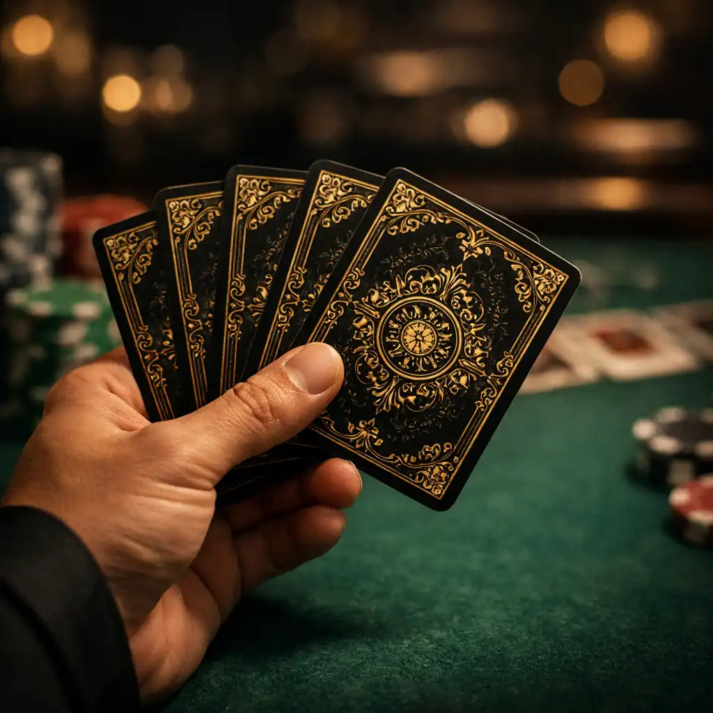 Main d'un joueur tenant des cartes à jouer au dos doré, table de poker en arrière-plan flou