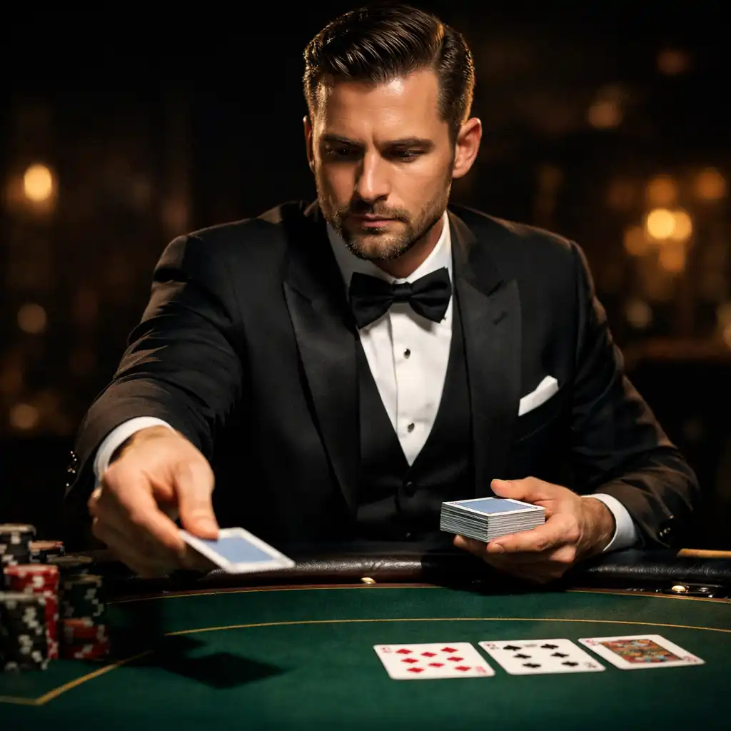 Croupier professionnel en tenue élégante distribuant des cartes sur une table de poker, éclairage dramatique