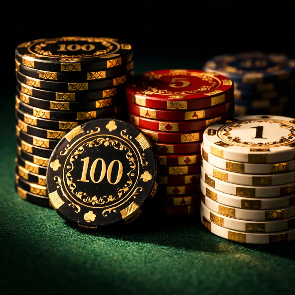 Gros plan sur des jetons de poker en céramique avec motifs dorés, empilés sur une table en feutre vert