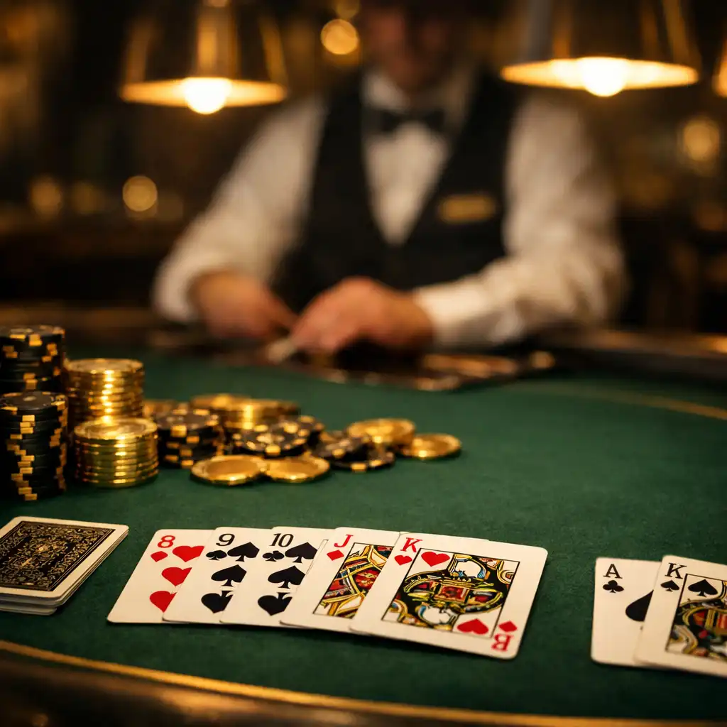 Table de poker élégante avec jetons dorés et cartes dans une ambiance tamisée